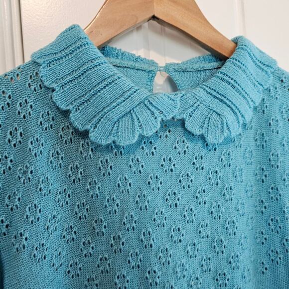 Vintage Preppy Sweater Women Size Small Blue 80s Knit Prairie Ruffle Collar Twee - Picture 3 of 10